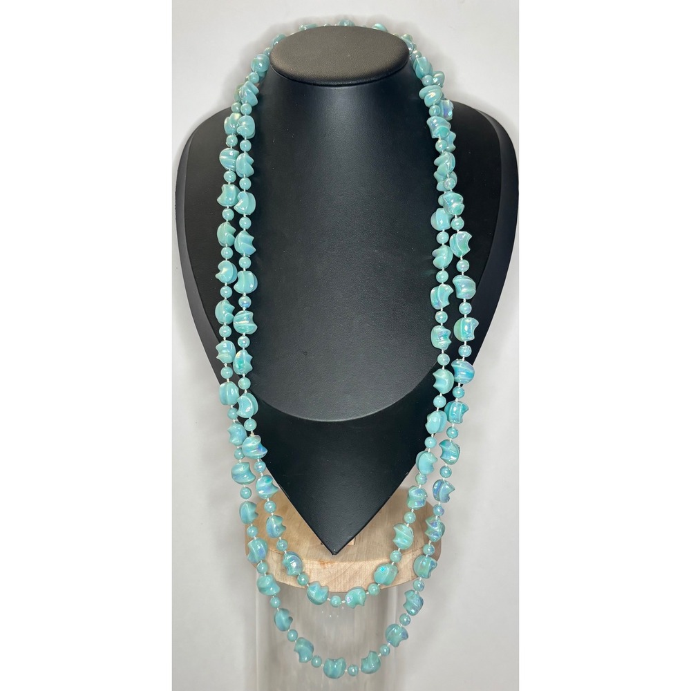 Vintage 60 Inch Flapper Necklace Iridescent Turquoise Blue Acrylic Bead Knotted